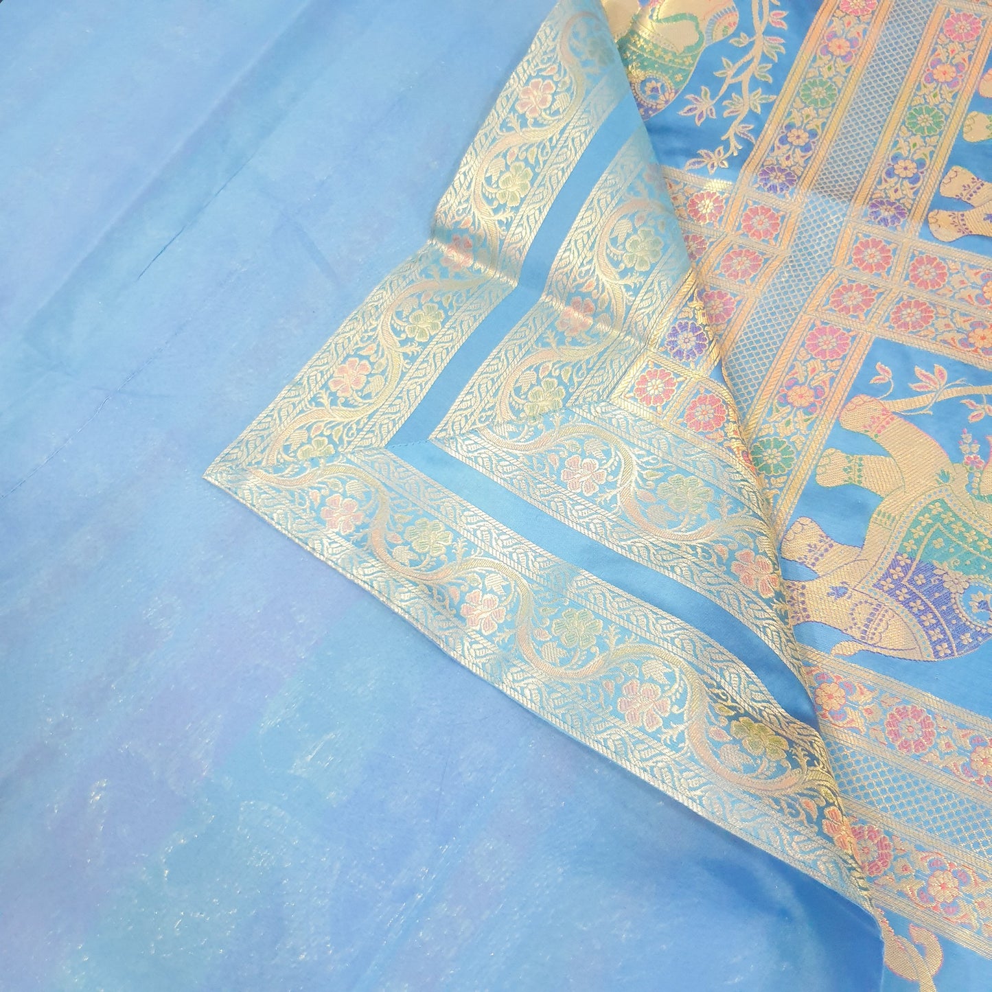 Banarasi Bed Cushion & Pillow Cover Set Elephant Turq. Blue Woven Brocade Gift