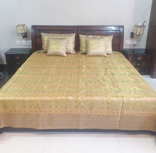 Beige Banarasi Bed Cushion & Pillow Cover Set Elephant Silk & Woven Brocade Gift