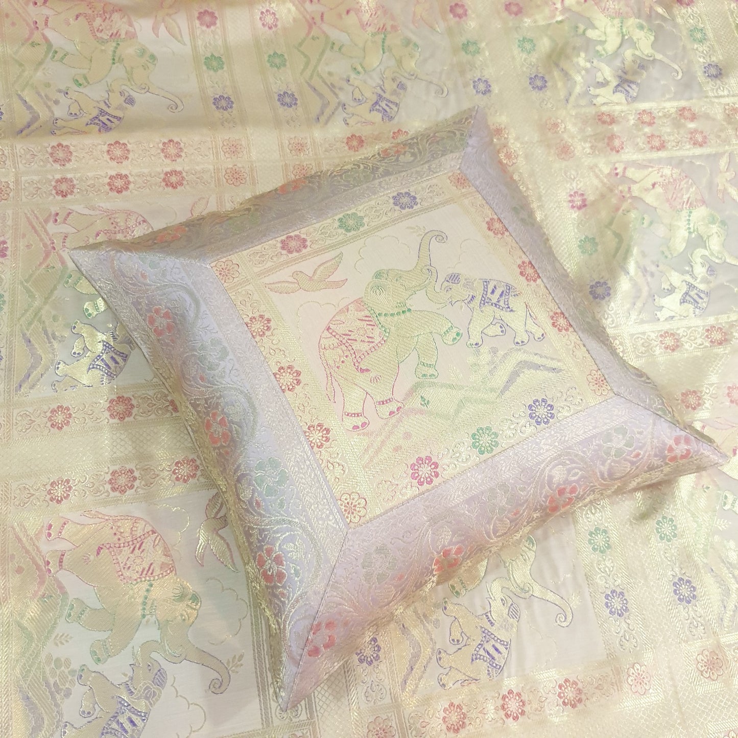 Beige Banarasi Bed Cushion & Pillow Cover Set Elephant Silk & Woven Brocade Gift
