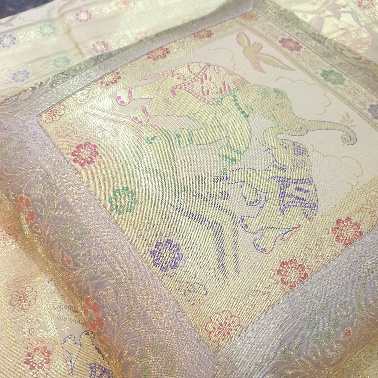 Beige Banarasi Bed Cushion & Pillow Cover Set Elephant Silk & Woven Brocade Gift