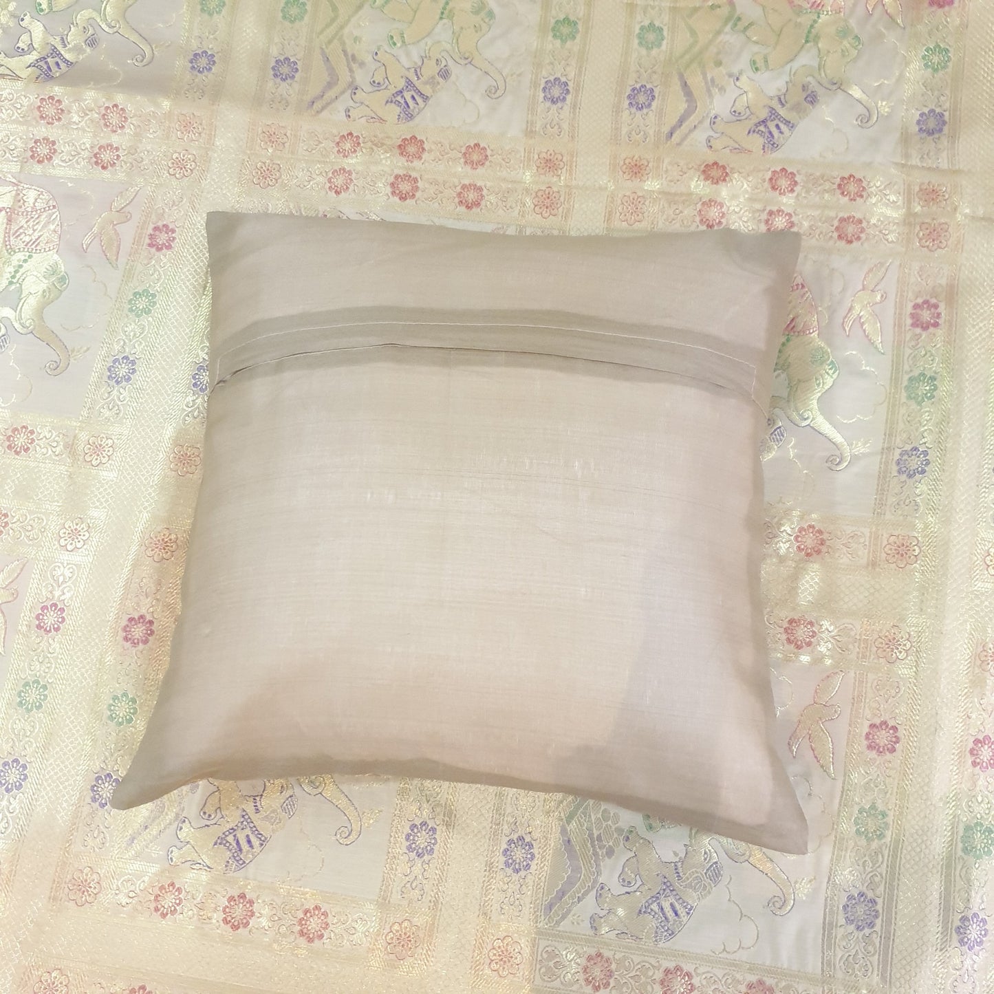 Beige Banarasi Bed Cushion & Pillow Cover Set Elephant Silk & Woven Brocade Gift