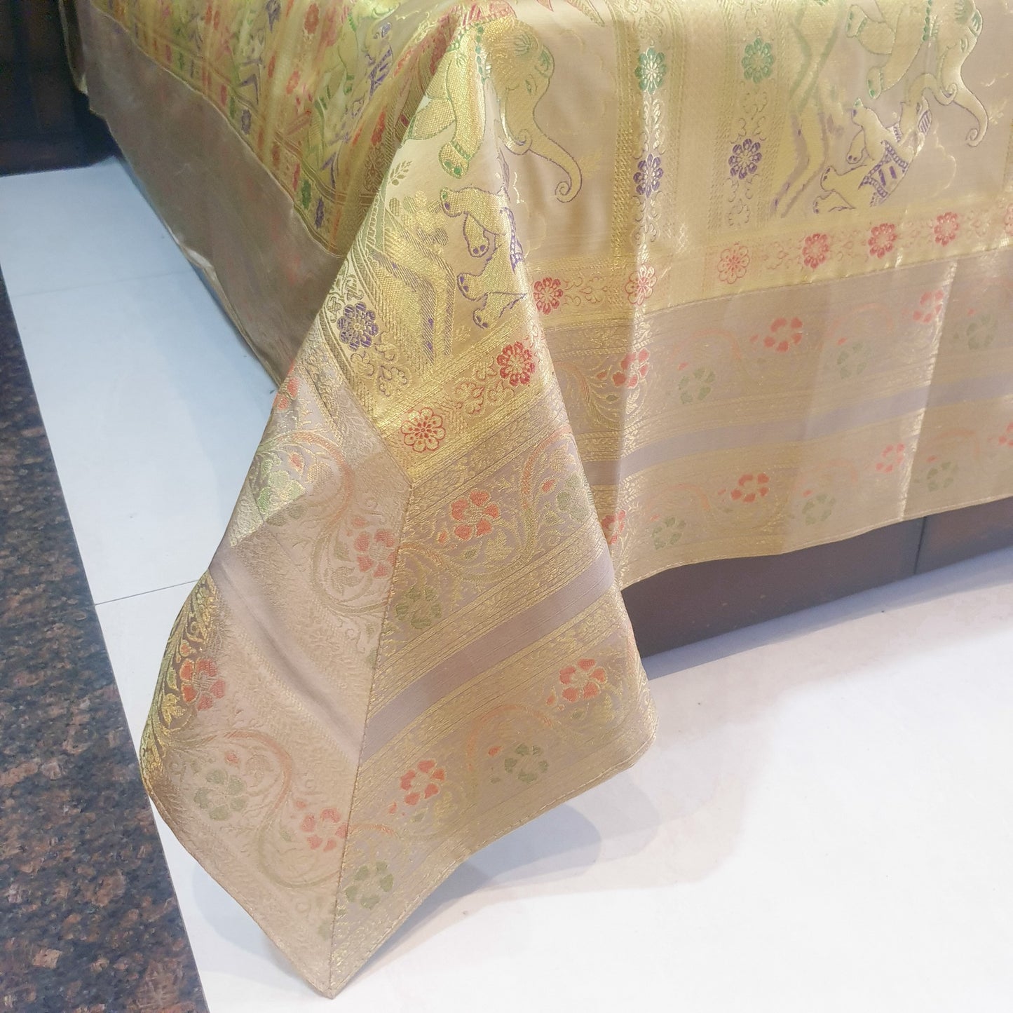 Beige Banarasi Bed Cushion & Pillow Cover Set Elephant Silk & Woven Brocade Gift