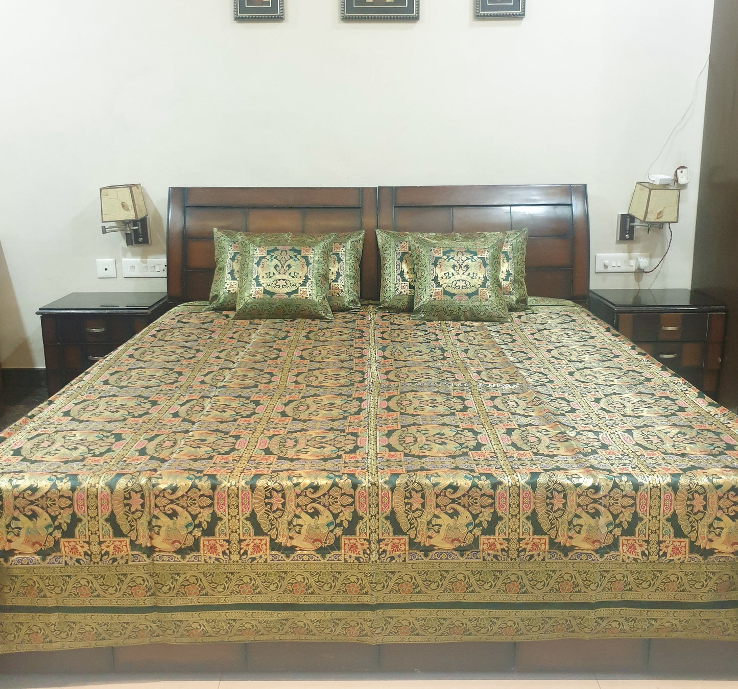 Banarasi Bed Cushion & Pillow Cover Set Elephant Dark Green Woven Brocade Gift
