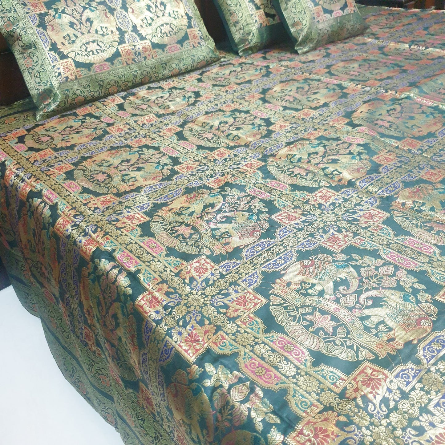 Banarasi Bed Cushion & Pillow Cover Set Elephant Dark Green Woven Brocade Gift