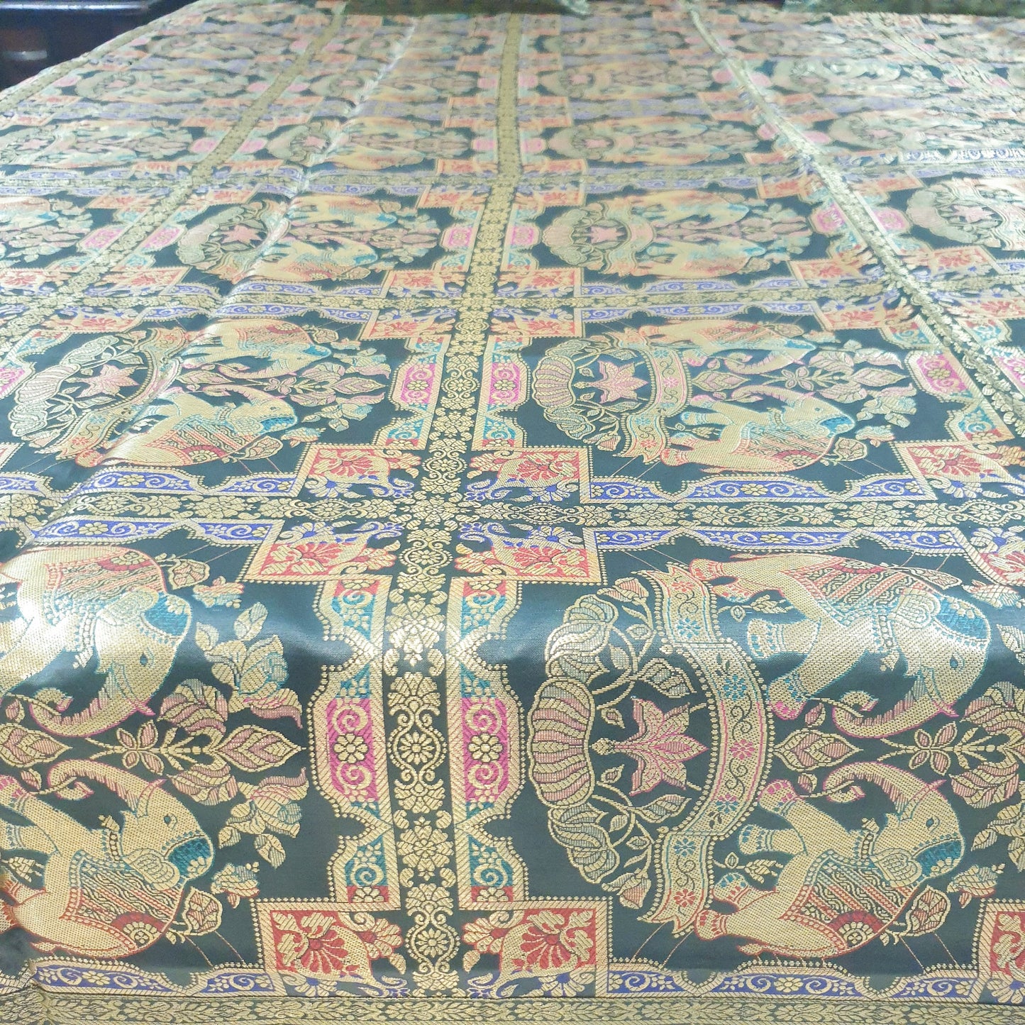 Banarasi Bed Cushion & Pillow Cover Set Elephant Dark Green Woven Brocade Gift