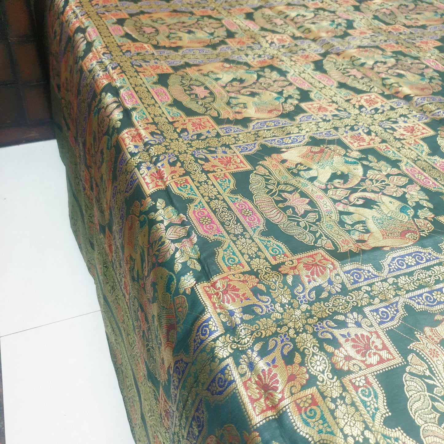 Banarasi Bed Cushion & Pillow Cover Set Elephant Dark Green Woven Brocade Gift