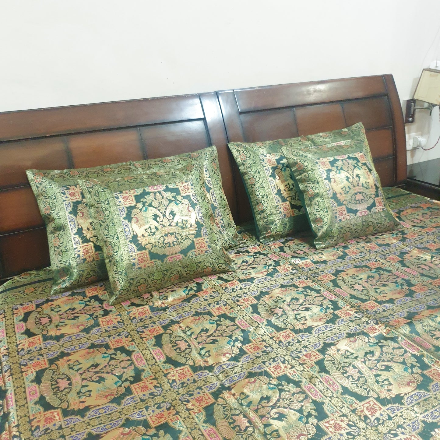 Banarasi Bed Cushion & Pillow Cover Set Elephant Dark Green Woven Brocade Gift