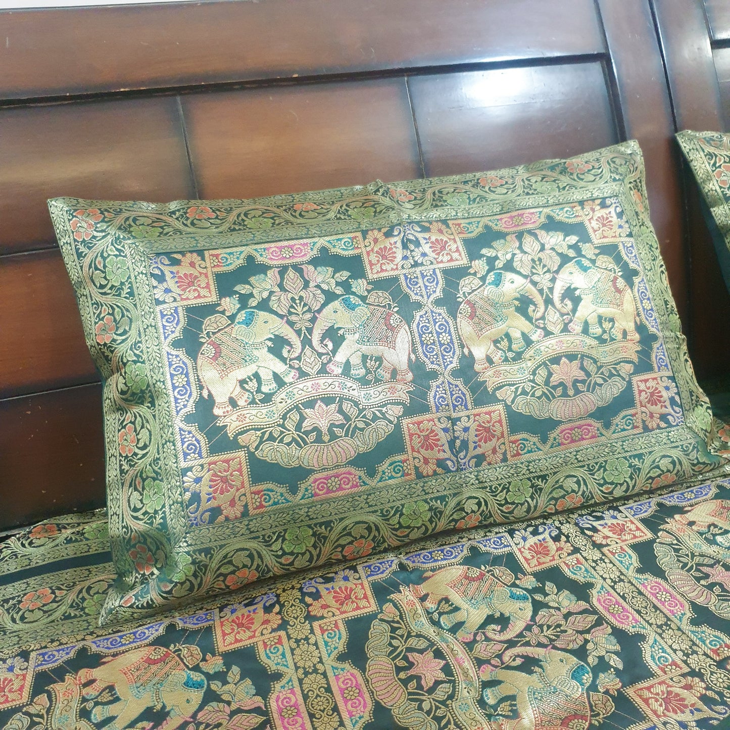 Banarasi Bed Cushion & Pillow Cover Set Elephant Dark Green Woven Brocade Gift