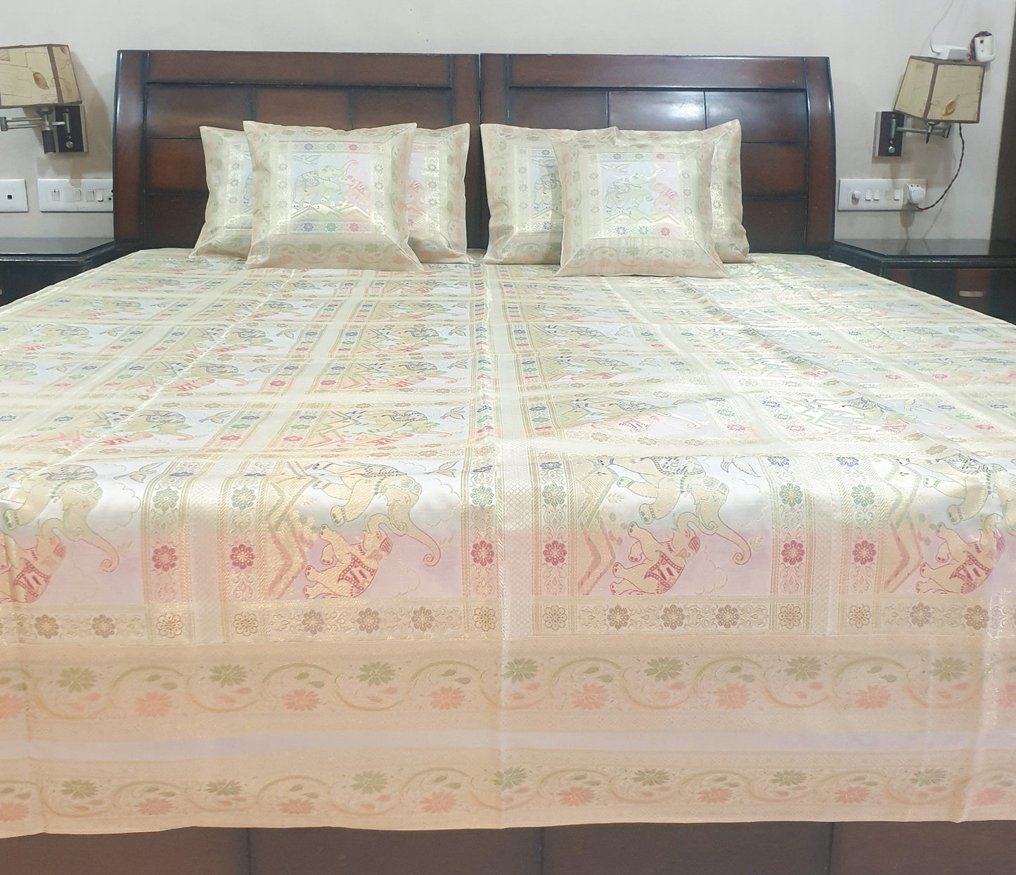 Banarasi Bed Cushion & Pillow Cover Set White Elephant Silk & Woven Brocade Gift