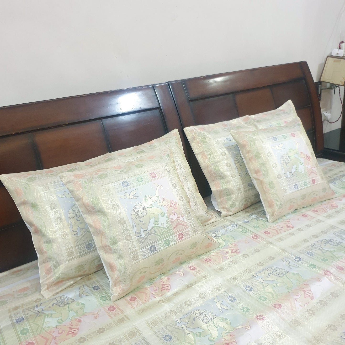 Banarasi Bed Cushion & Pillow Cover Set White Elephant Silk & Woven Brocade Gift
