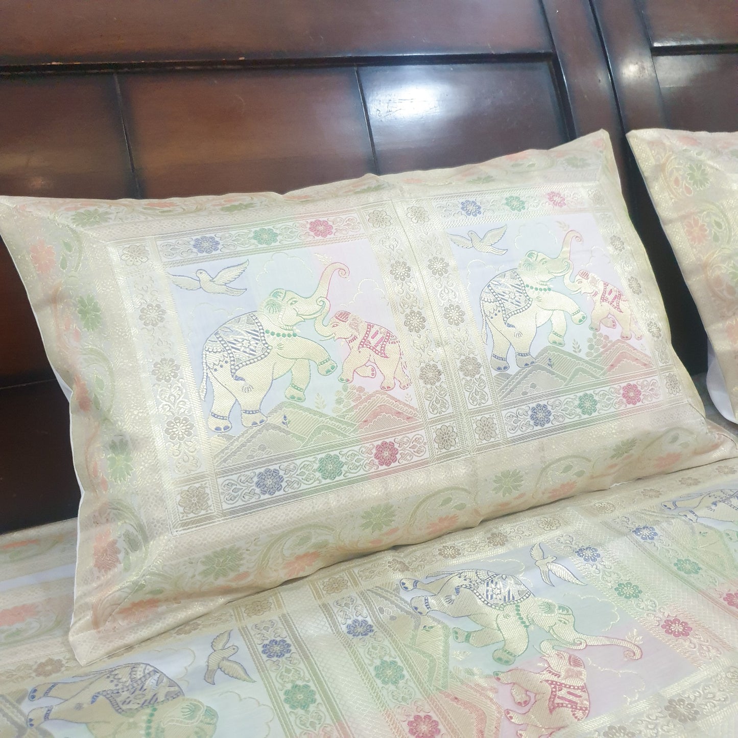 Banarasi Bed Cushion & Pillow Cover Set White Elephant Silk & Woven Brocade Gift