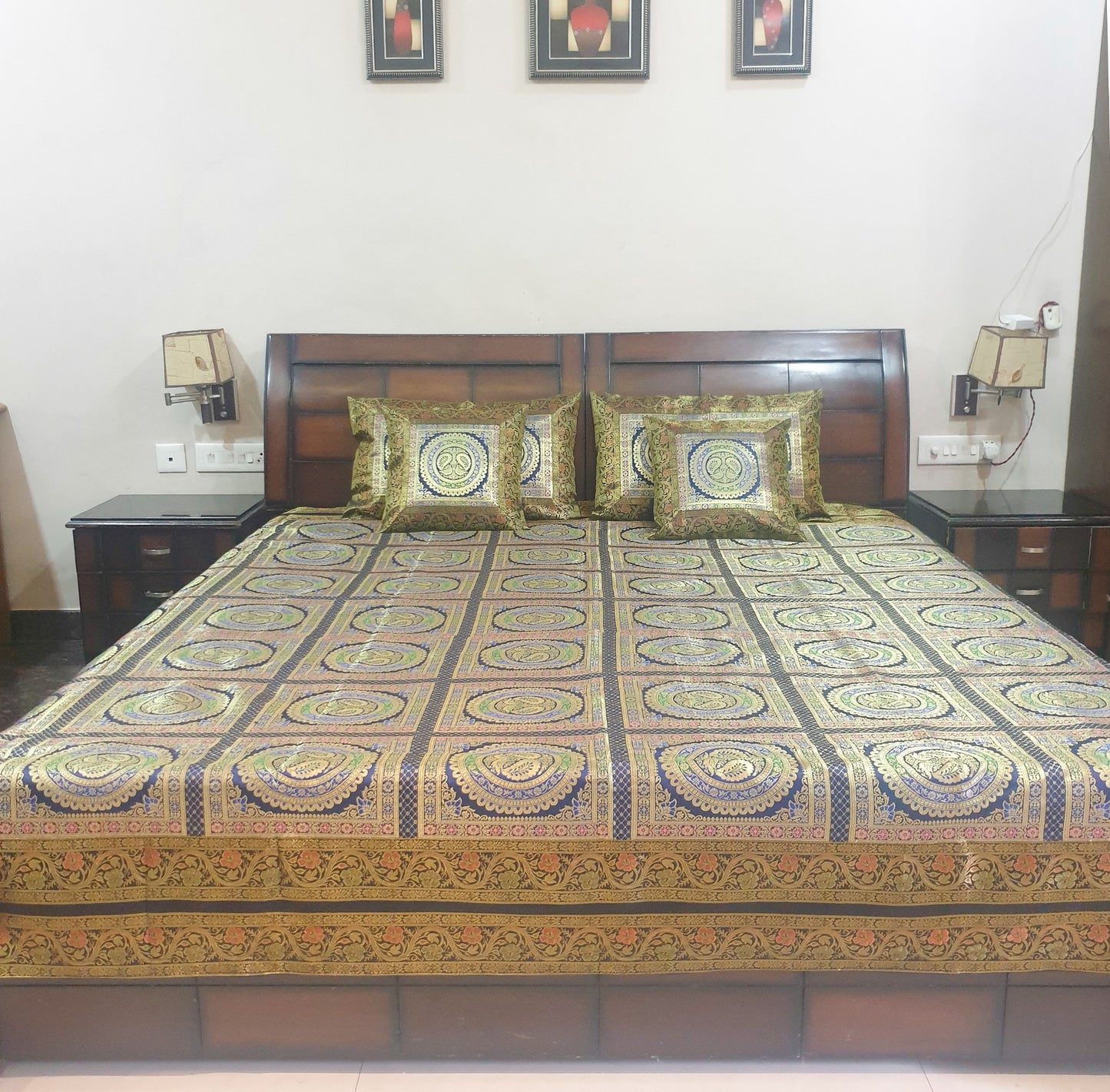 Banarasi Bed Cushion & Pillow Cover Dark Blue Peacock Set Silk & Woven Brocade