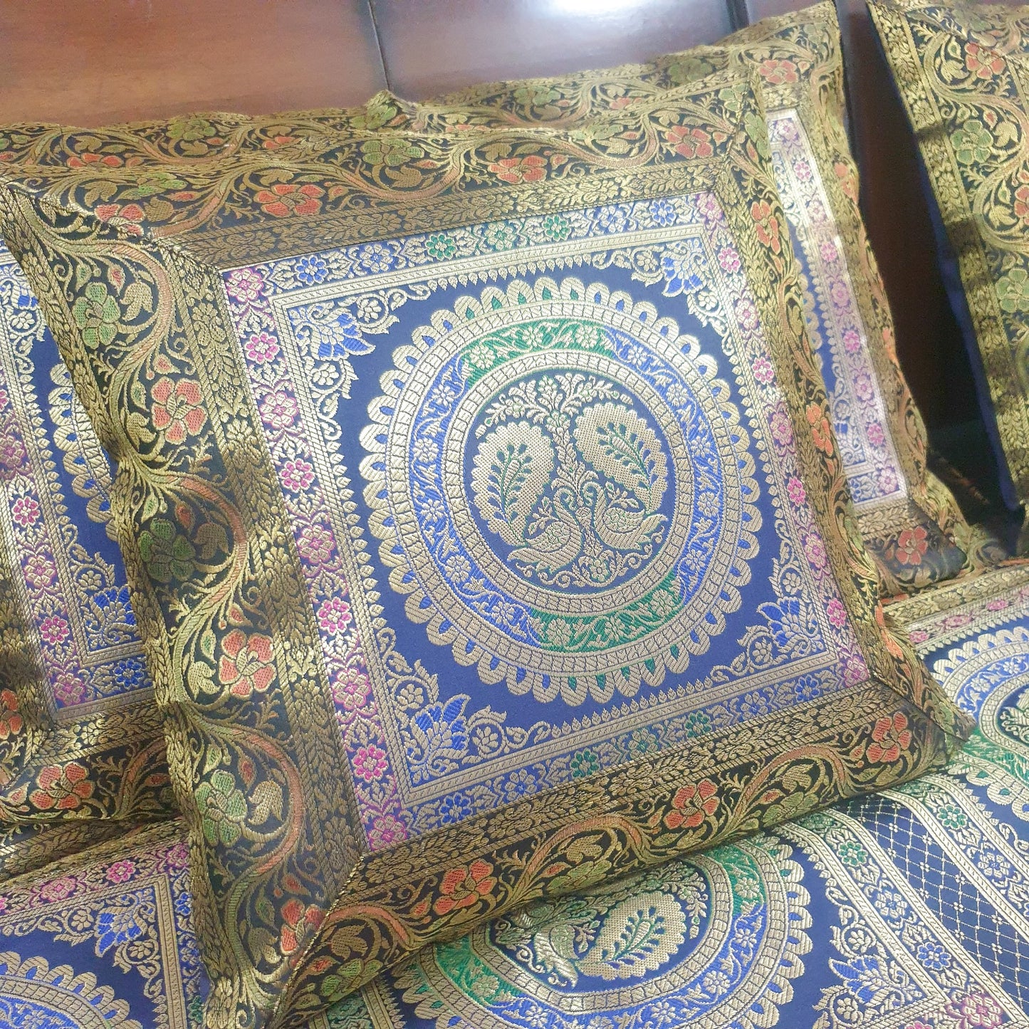 Banarasi Bed Cushion & Pillow Cover Dark Blue Peacock Set Silk & Woven Brocade