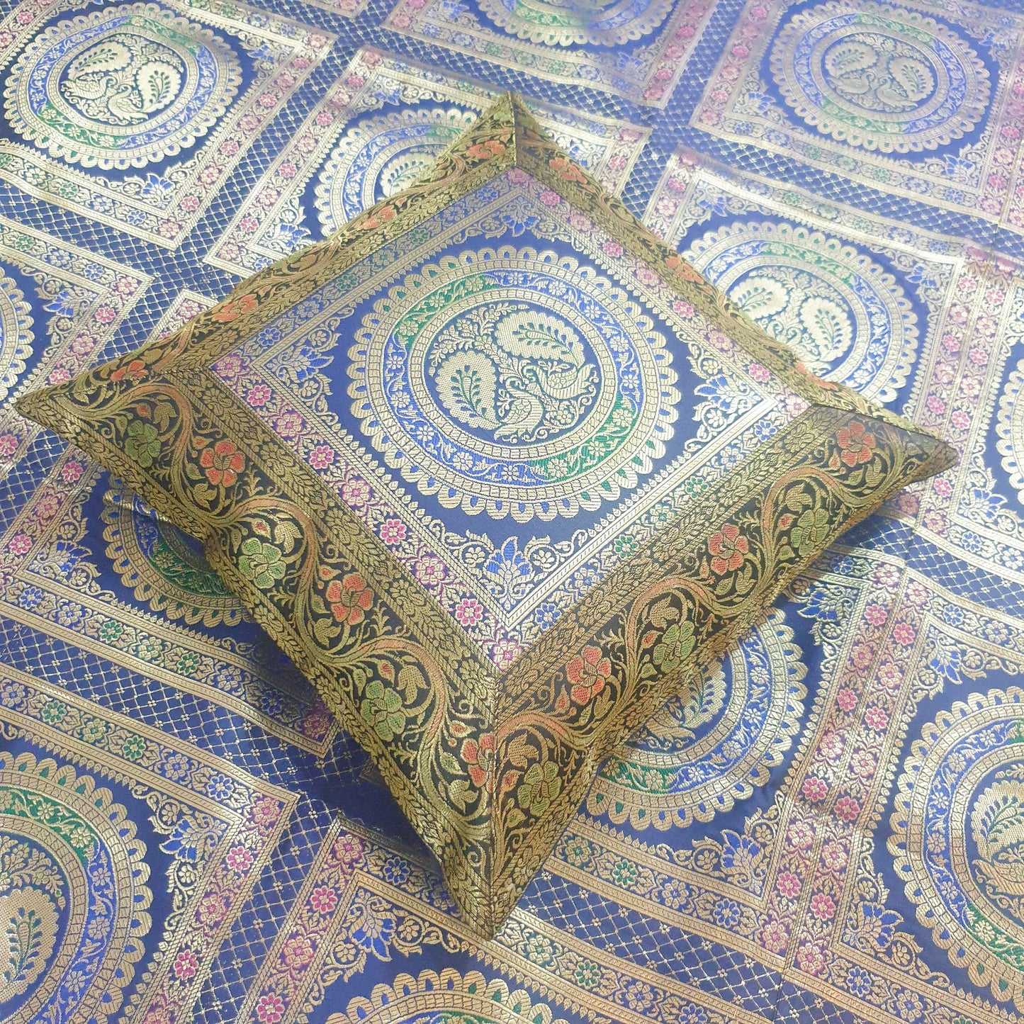 Banarasi Bed Cushion & Pillow Cover Dark Blue Peacock Set Silk & Woven Brocade