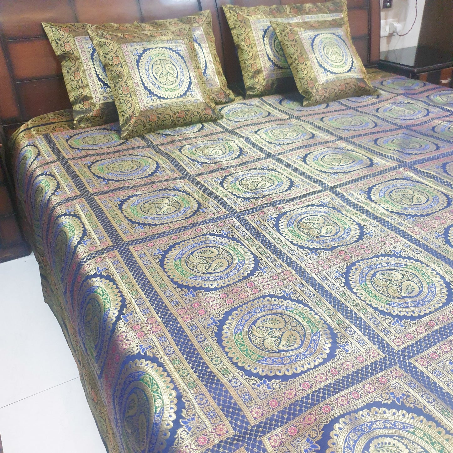 Banarasi Bed Cushion & Pillow Cover Dark Blue Peacock Set Silk & Woven Brocade