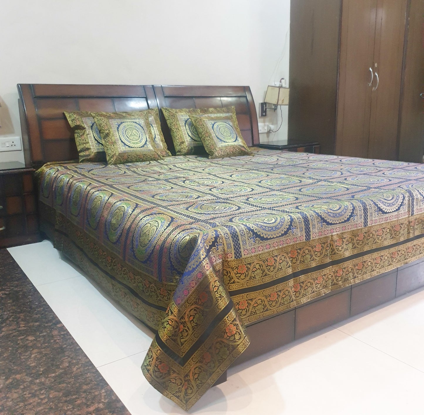 Banarasi Bed Cushion & Pillow Cover Dark Blue Peacock Set Silk & Woven Brocade