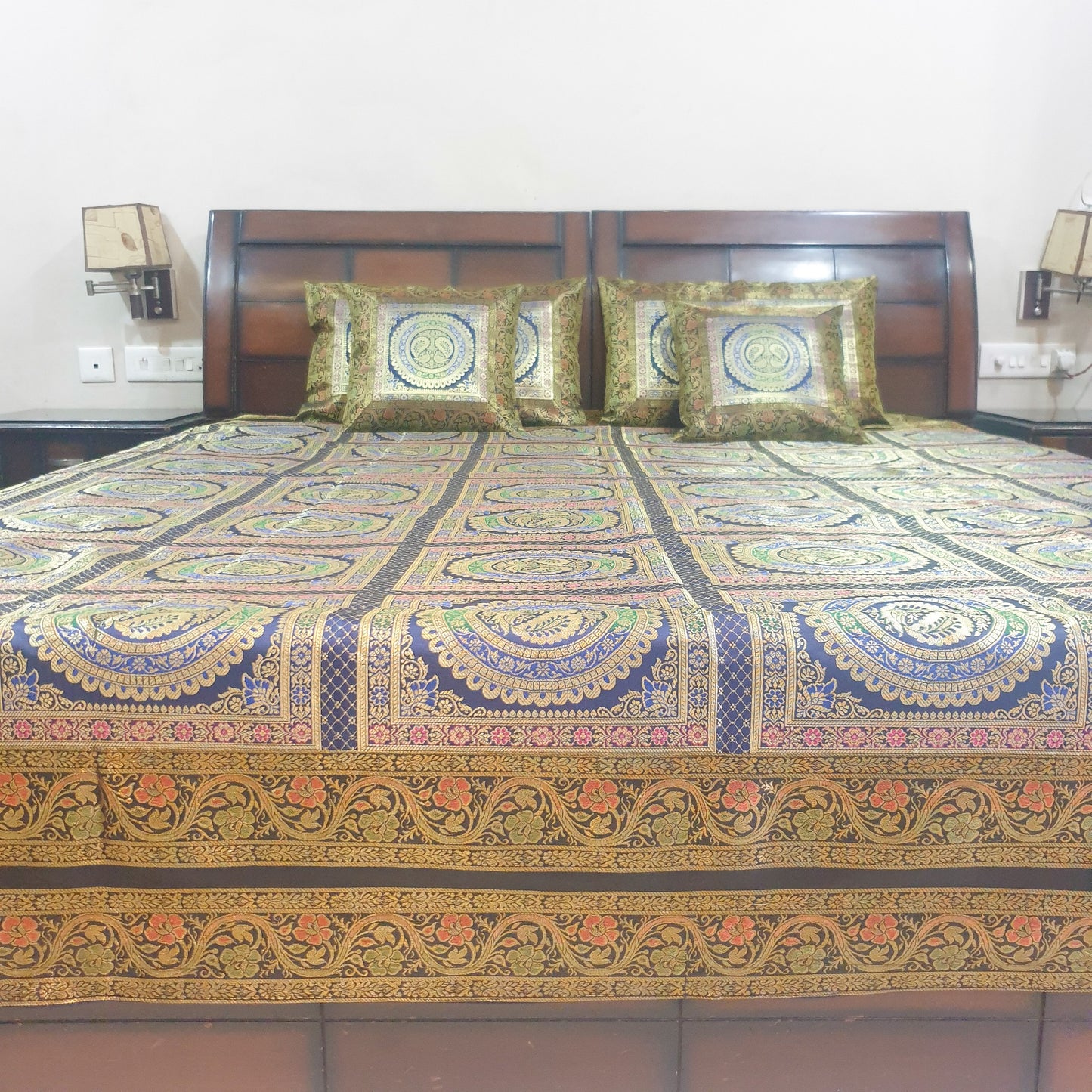 Banarasi Bed Cushion & Pillow Cover Dark Blue Peacock Set Silk & Woven Brocade