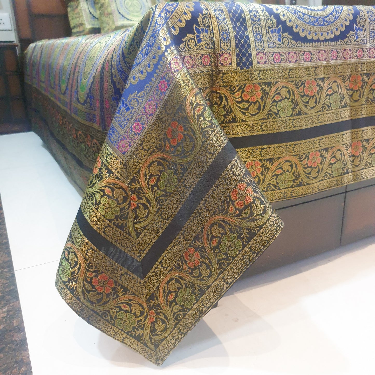 Banarasi Bed Cushion & Pillow Cover Dark Blue Peacock Set Silk & Woven Brocade