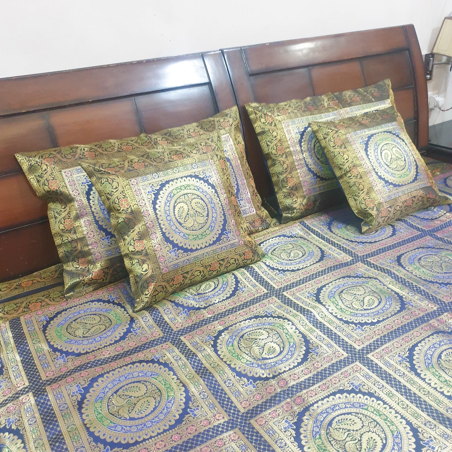 Banarasi Bed Cushion & Pillow Cover Dark Blue Peacock Set Silk & Woven Brocade