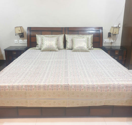 Banarasi Bed Cushion & Pillow Cover Gray Set Mandala Woven Zari Brocade Gift