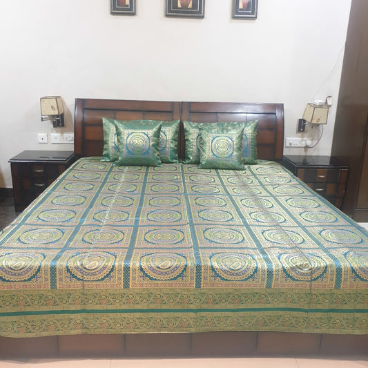 Banarasi  Bed Cushion & Pillow Cover Silk & Woven Zari Brocade Peacock Green Set