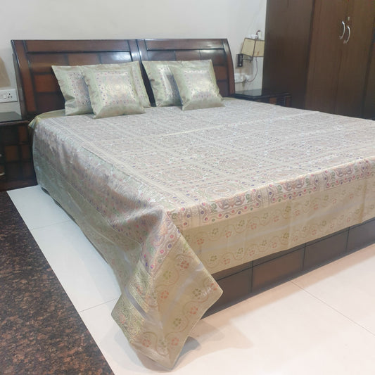 Banarasi Bed Cushion & Pillow Cover Gray Set Mandala Woven Zari Brocade Gift