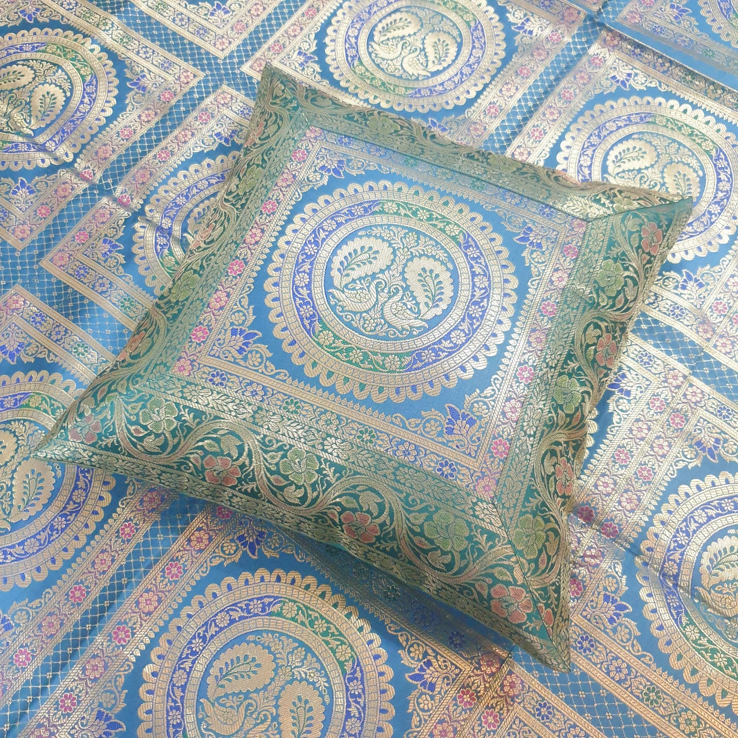Banarasi Bed Cushion & Pillow Cover Silk & Woven Zari Brocade Peacock Green Set