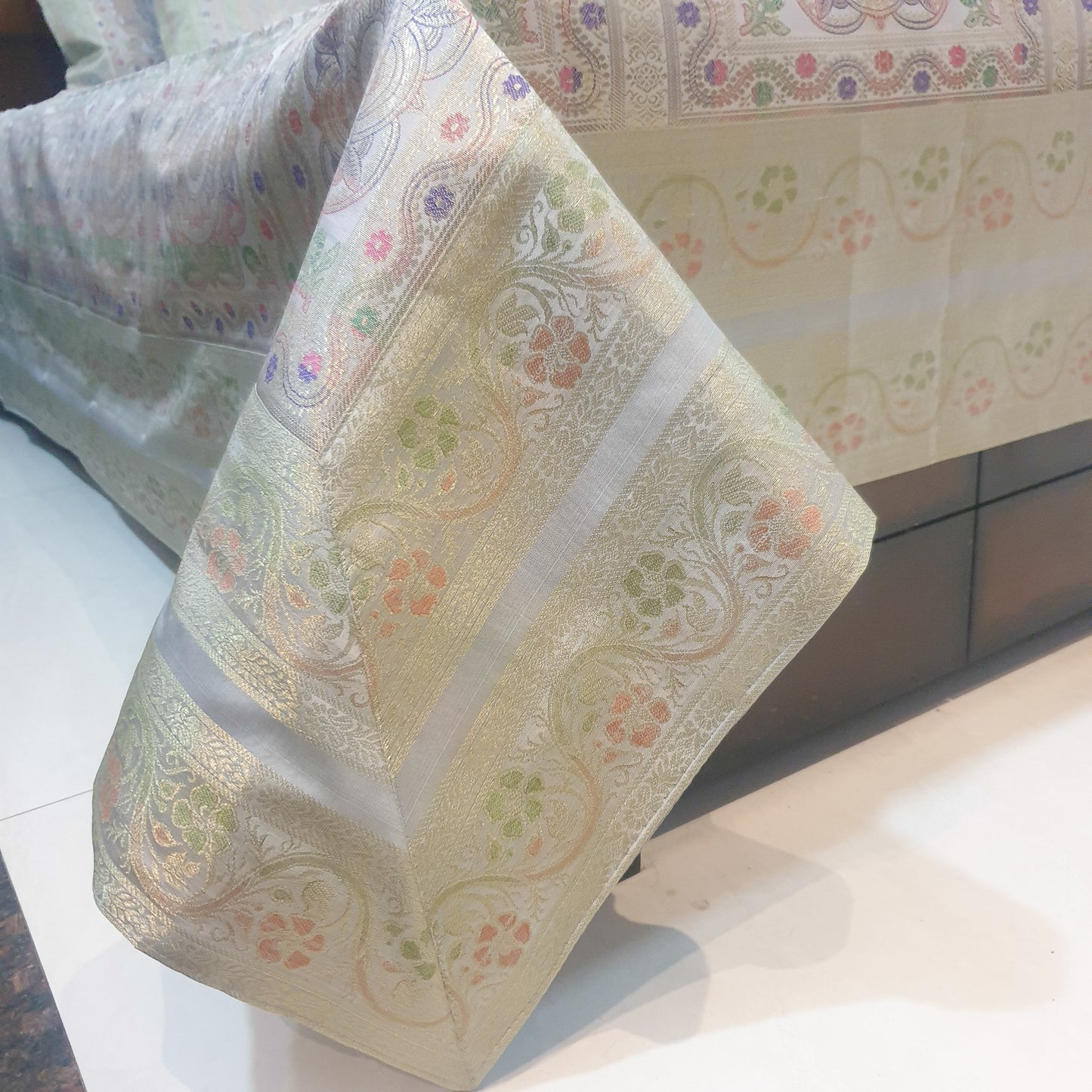 Banarasi Bed Cushion & Pillow Cover Gray Set Mandala Woven Zari Brocade Gift