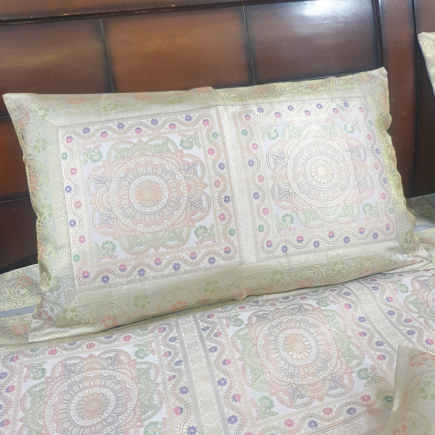 Banarasi Bed Cushion & Pillow Cover Gray Set Mandala Woven Zari Brocade Gift