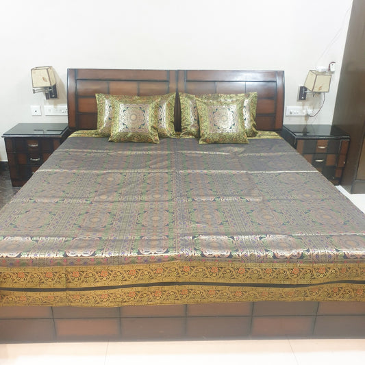 Black Banarasi Bed Cushion & Pillow Cover Set Mandala Woven Zari Brocade Gift