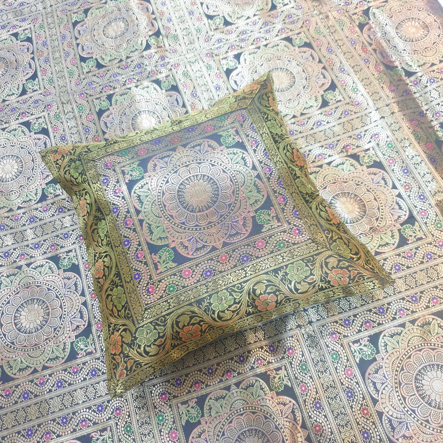 Black Banarasi Bed Cushion & Pillow Cover Set Mandala Woven Zari Brocade Gift