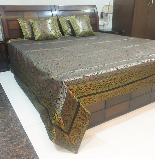 Black Banarasi Bed Cushion & Pillow Cover Set Mandala Woven Zari Brocade Gift