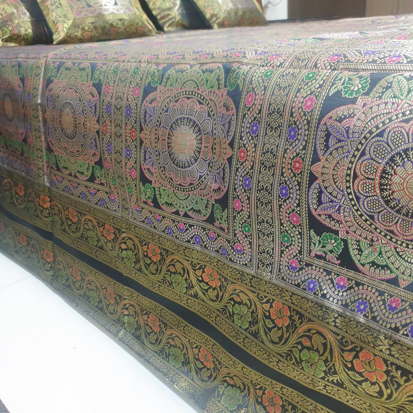 Black Banarasi Bed Cushion & Pillow Cover Set Mandala Woven Zari Brocade Gift