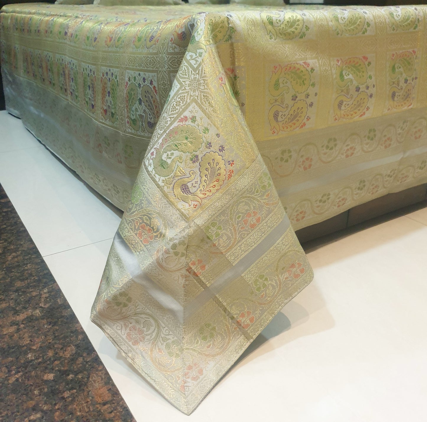 Banarasi Bed Cushion & Pillow Cover Silk & Woven Zari Brocade Peacock Gray Set