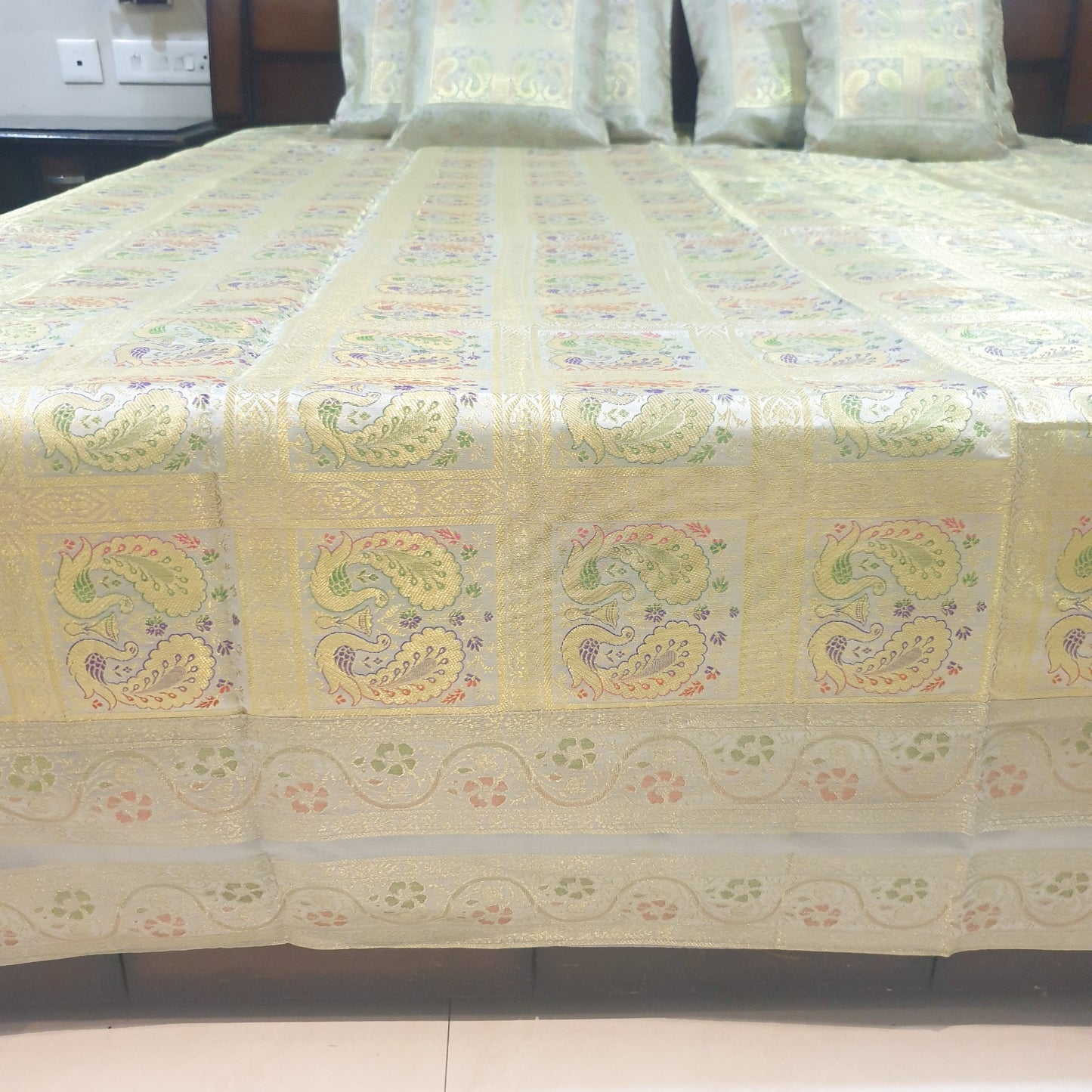 Banarasi Bed Cushion & Pillow Cover Silk & Woven Zari Brocade Peacock Gray Set