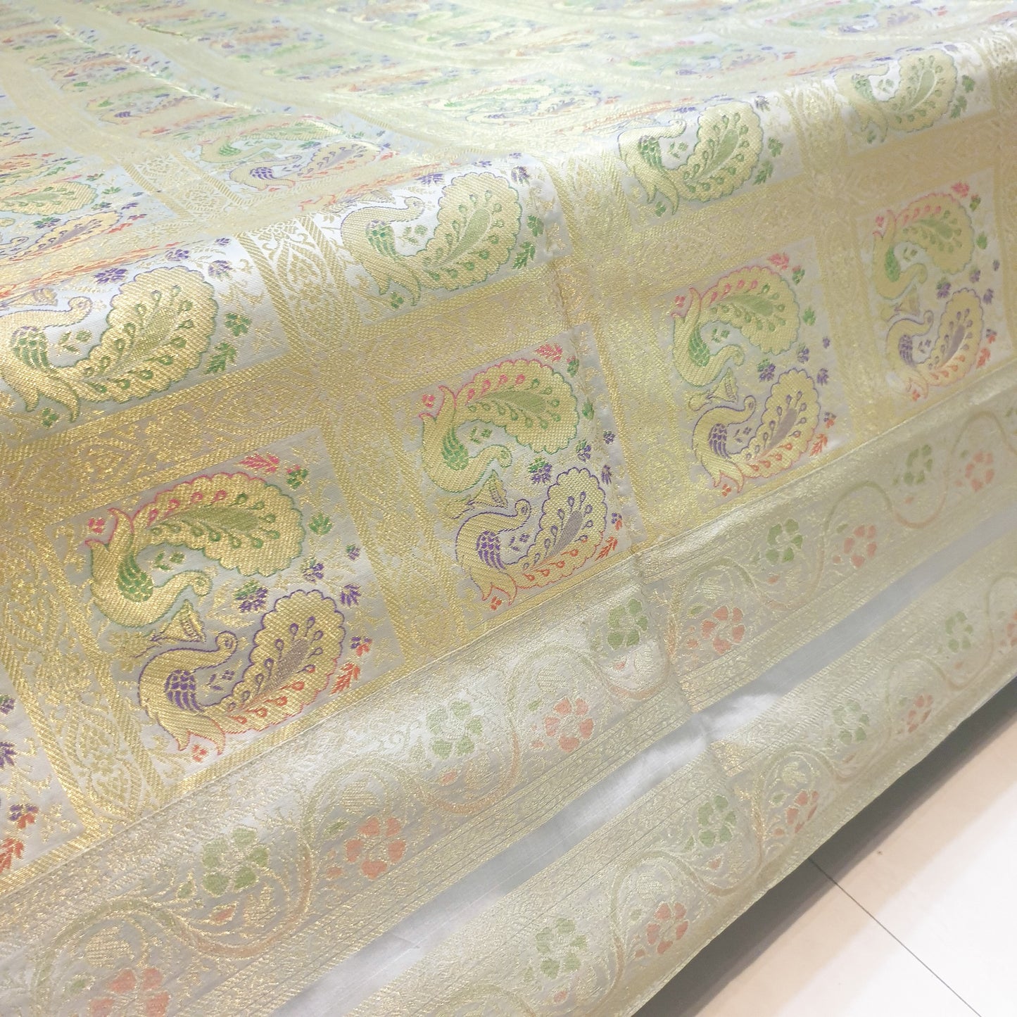 Banarasi Bed Cushion & Pillow Cover Silk & Woven Zari Brocade Peacock Gray Set