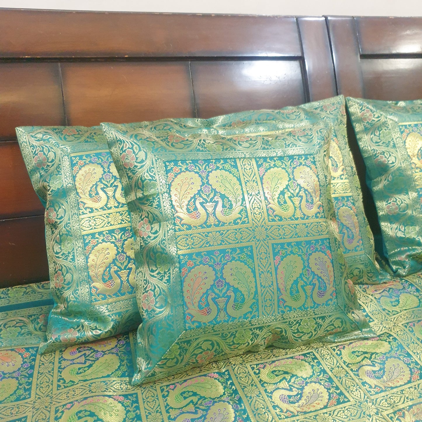 Banarasi Bed Cushion & Pillow Cover Teal Green Peacock Set Silk & Woven Brocade