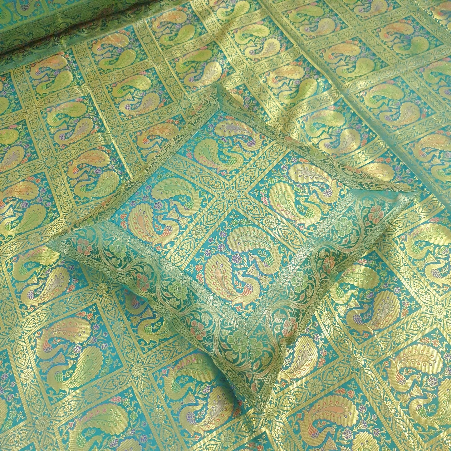 Banarasi Bed Cushion & Pillow Cover Teal Green Peacock Set Silk & Woven Brocade