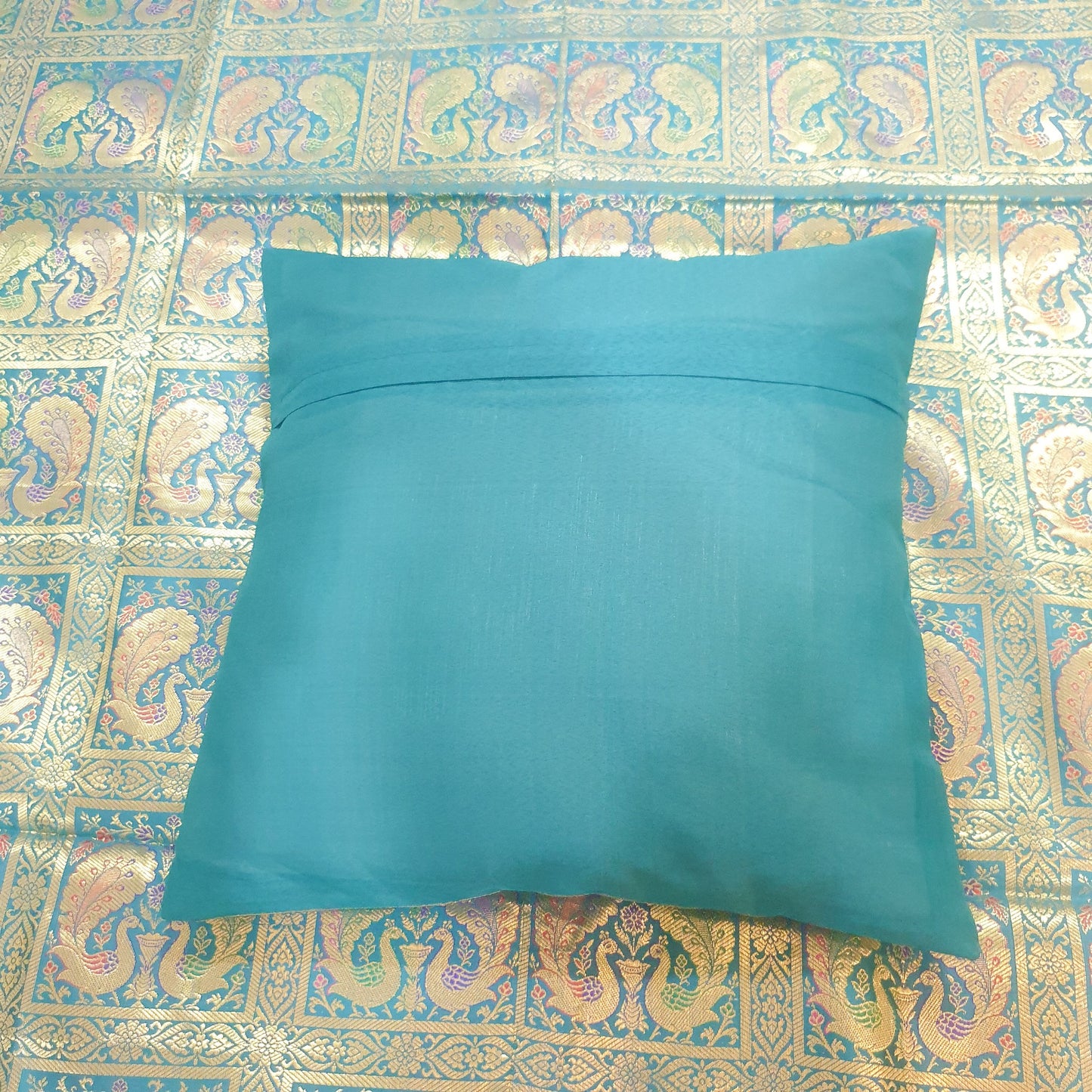 Banarasi Bed Cushion & Pillow Cover Teal Green Peacock Set Silk & Woven Brocade