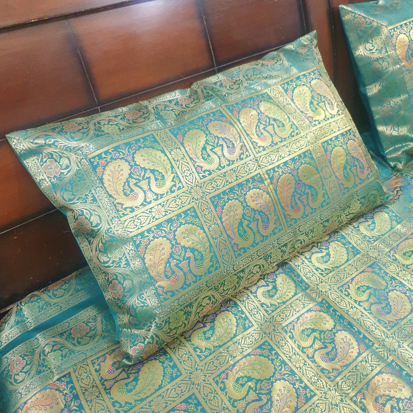Banarasi Bed Cushion & Pillow Cover Teal Green Peacock Set Silk & Woven Brocade