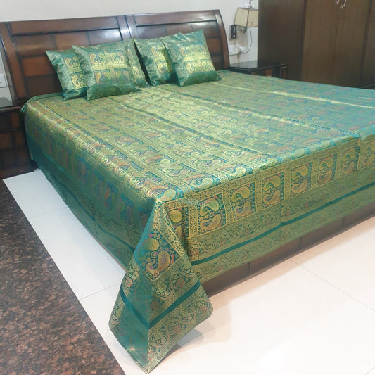 Banarasi Bed Cushion & Pillow Cover Teal Green Peacock Set Silk & Woven Brocade