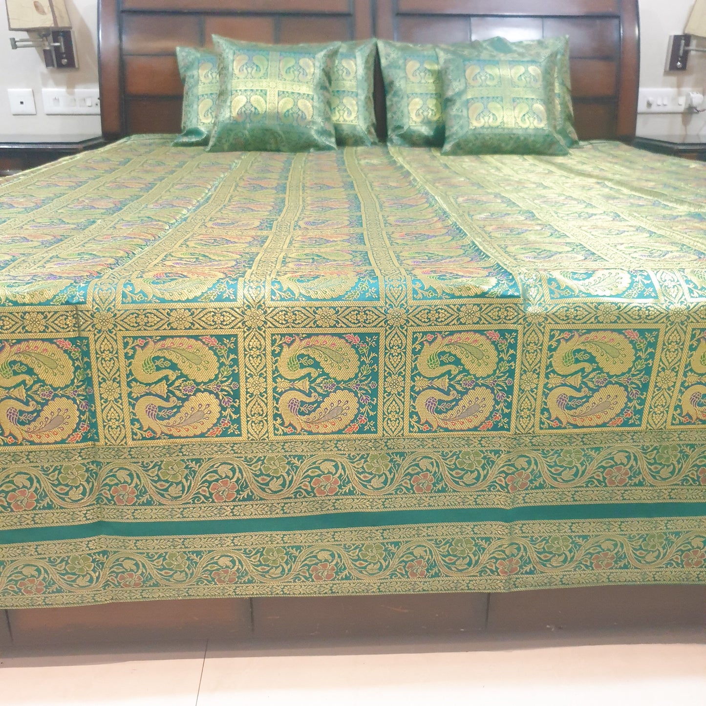 Banarasi Bed Cushion & Pillow Cover Teal Green Peacock Set Silk & Woven Brocade