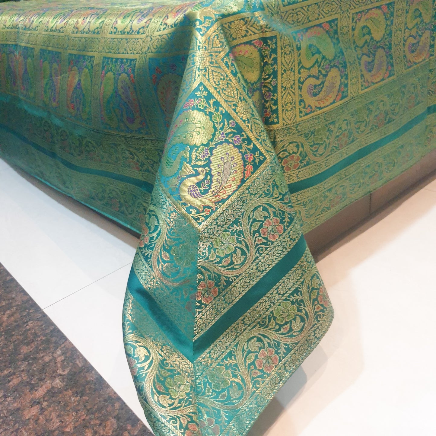 Banarasi Bed Cushion & Pillow Cover Teal Green Peacock Set Silk & Woven Brocade