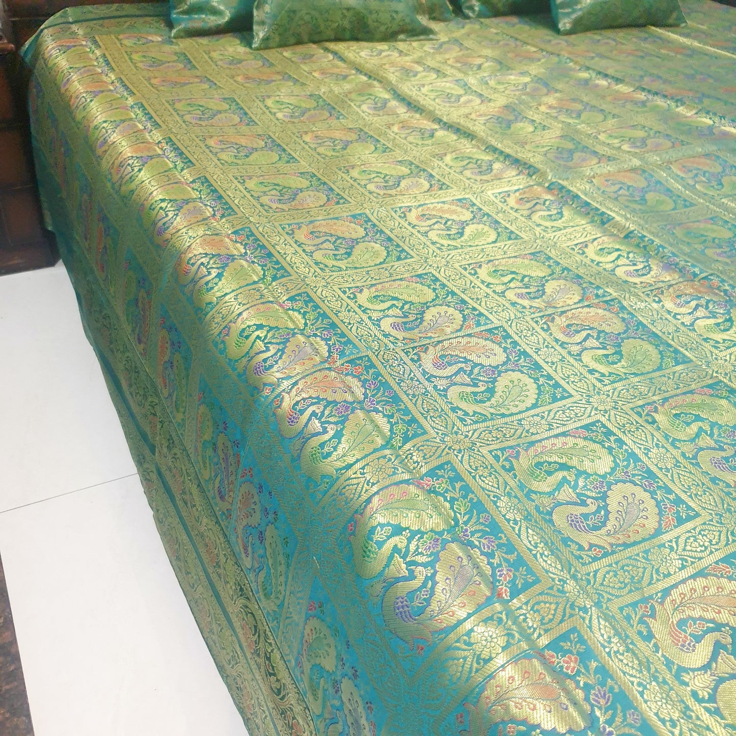 Banarasi Bed Cushion & Pillow Cover Teal Green Peacock Set Silk & Woven Brocade