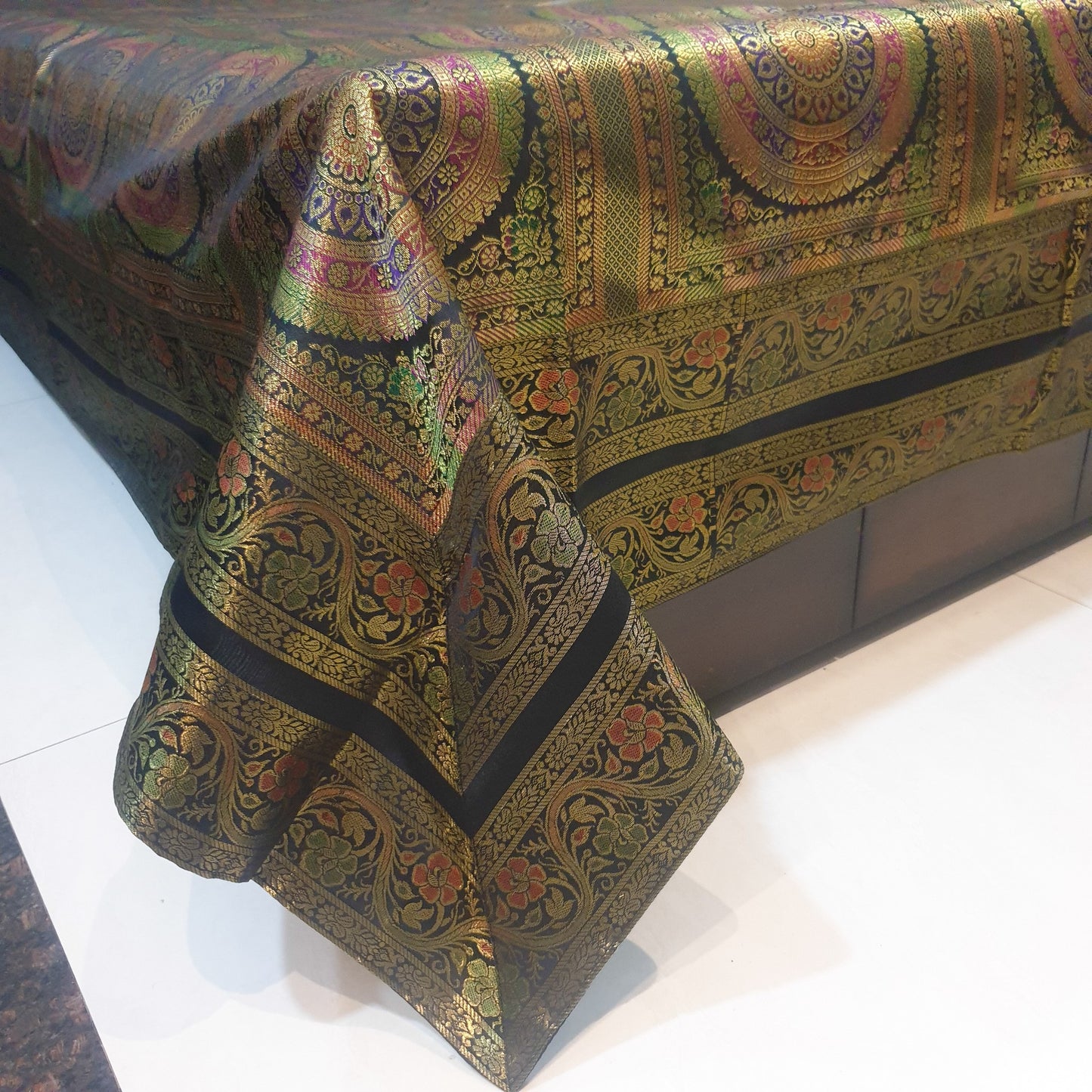 Banarasi Bed Cushion & Pillow Cover Set Mandala Black Woven Zari Brocade Gift