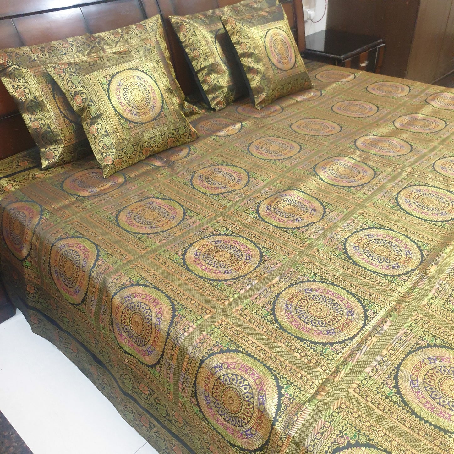 Banarasi Bed Cushion & Pillow Cover Set Mandala Black Woven Zari Brocade Gift