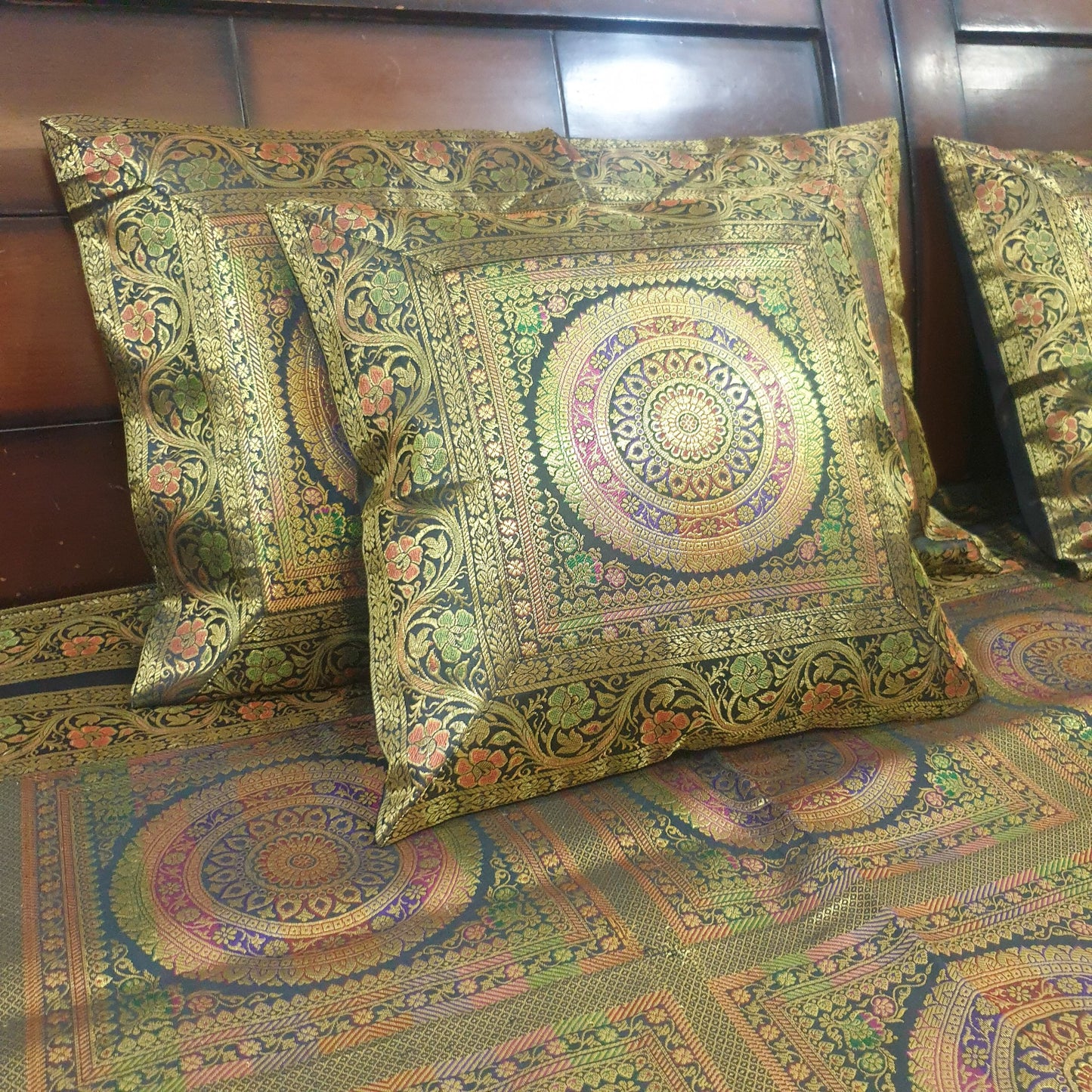 Banarasi Bed Cushion & Pillow Cover Set Mandala Black Woven Zari Brocade Gift