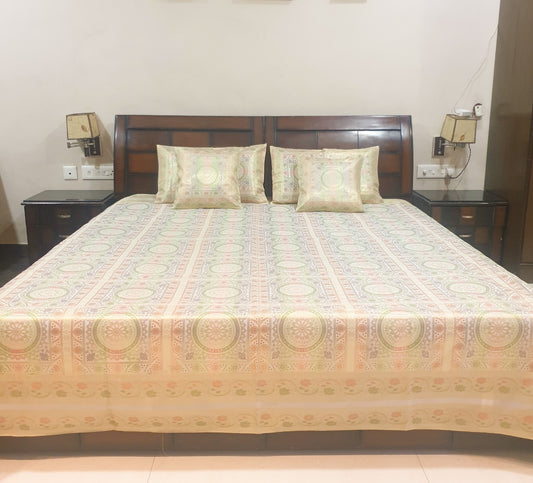 Banarasi Bed Cushion & Pillow Cover Set White Mandala Silk & Woven Zari Brocade