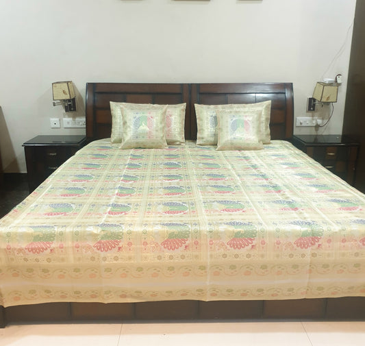 Banarasi Bed Cushion & Pillow Cover Set Peacock White Silk & Woven Brocade Gift