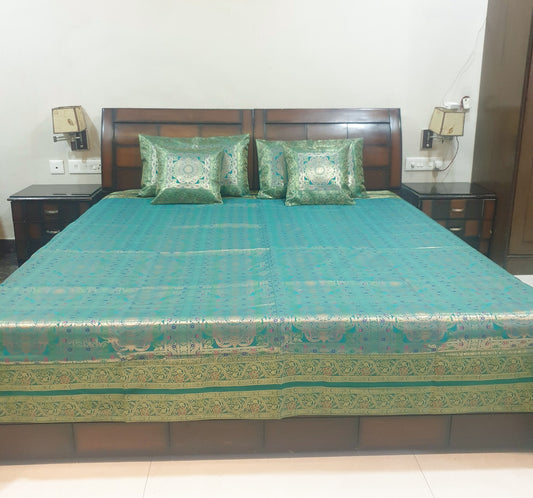 Banarasi Bed Cushion & Pillow Cover Set Teal Green Mandala Silk & Woven Brocade